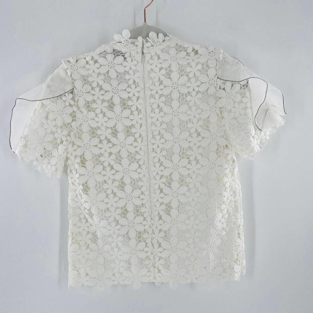 Self-Portrait Flounce Short Sleeve Daisy-Patterned Lace Mock Neck Blouse Size 2 - Picture 10 of 11